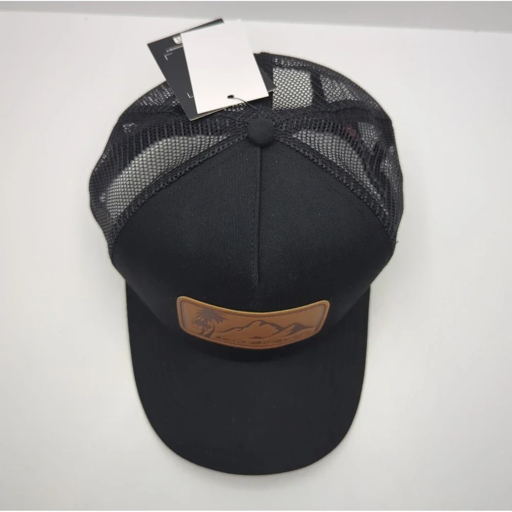 Quiksilver Black Trucker Hat Mountain‎ Palm Leather Patch Snapback QS001453Y NEW